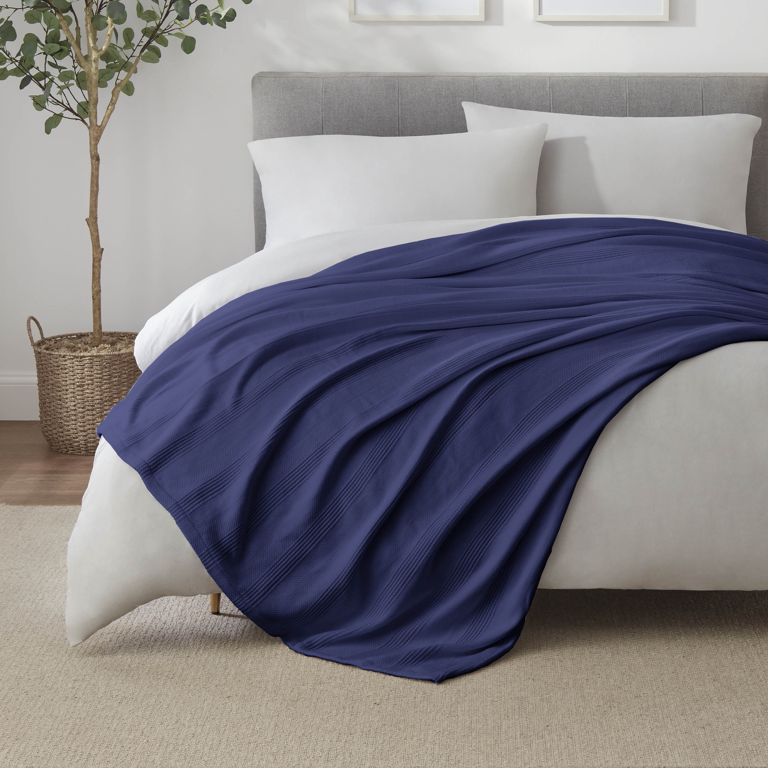 Lightweight Breathable 100% Cotton Knit Blanket – All-Season Bed Blanket – King Size – Navy