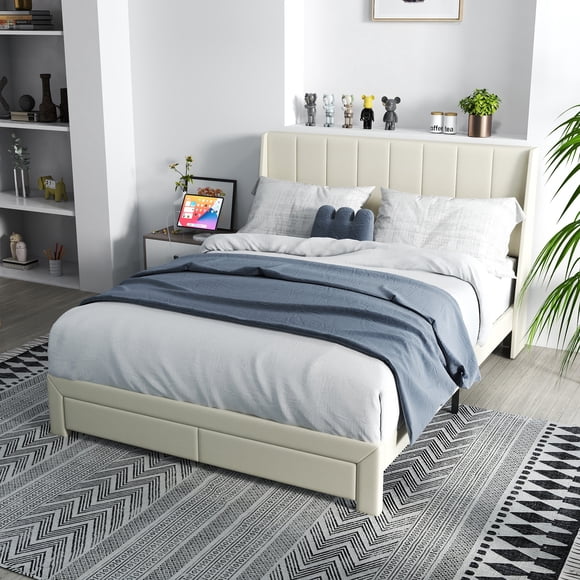 Homy Casa Queen Size Upholstered Platform Bed Frame with Wingback Headboard, Fabric Bed with Wood Slats Support, No Box Spring Needed, Beige