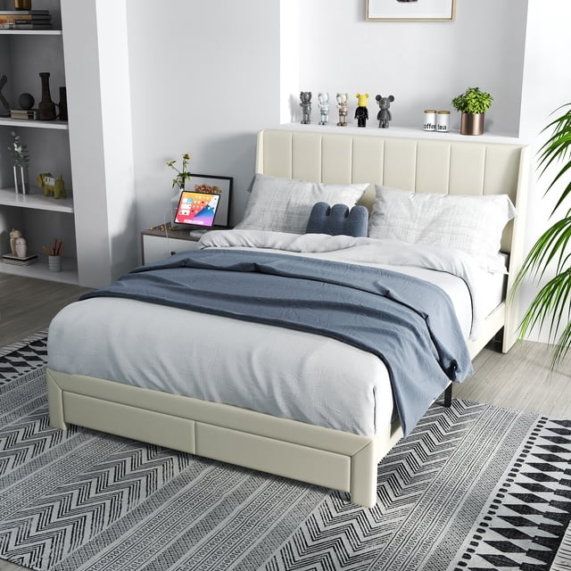 Homy Casa Queen Size Upholstered Platform Bed Frame with Wingback Headboard, Fabric Bed with Wood Slats Support, No Box Spring Needed, Beige