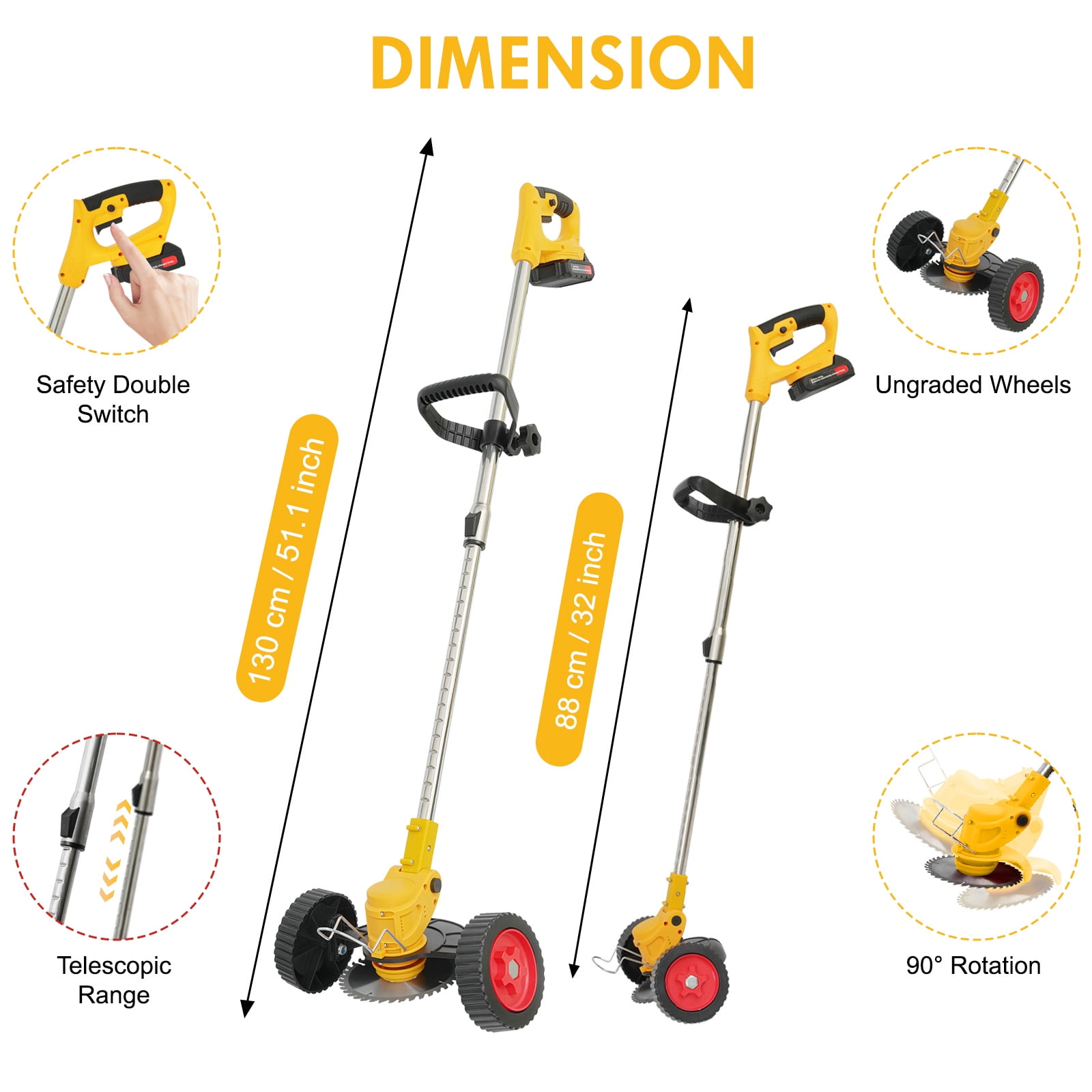 200W Cordless Electric Grass Trimmer, 24V Battery Powered Lawn Edger with 0-90° Angle Adjustment & Dual Safety Switch, Lightweight Wheeled Grass Cutter