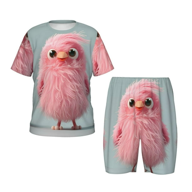 Fotbe Adorable Pink Fluffy Birds Pijama Estampada de 2 Piezas para Niños – Ropa de Dormir de Manga Corta Cómoda para Niños y Niñas, Camiseta y Shorts de Algodón-Large
