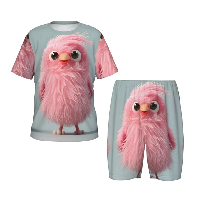 Fotbe Adorable Pink Fluffy Birds Pijama Estampada de 2 Piezas para Niños – Ropa de Dormir de Manga Corta Cómoda para Niños y Niñas, Camiseta y Shorts de Algodón-Medium