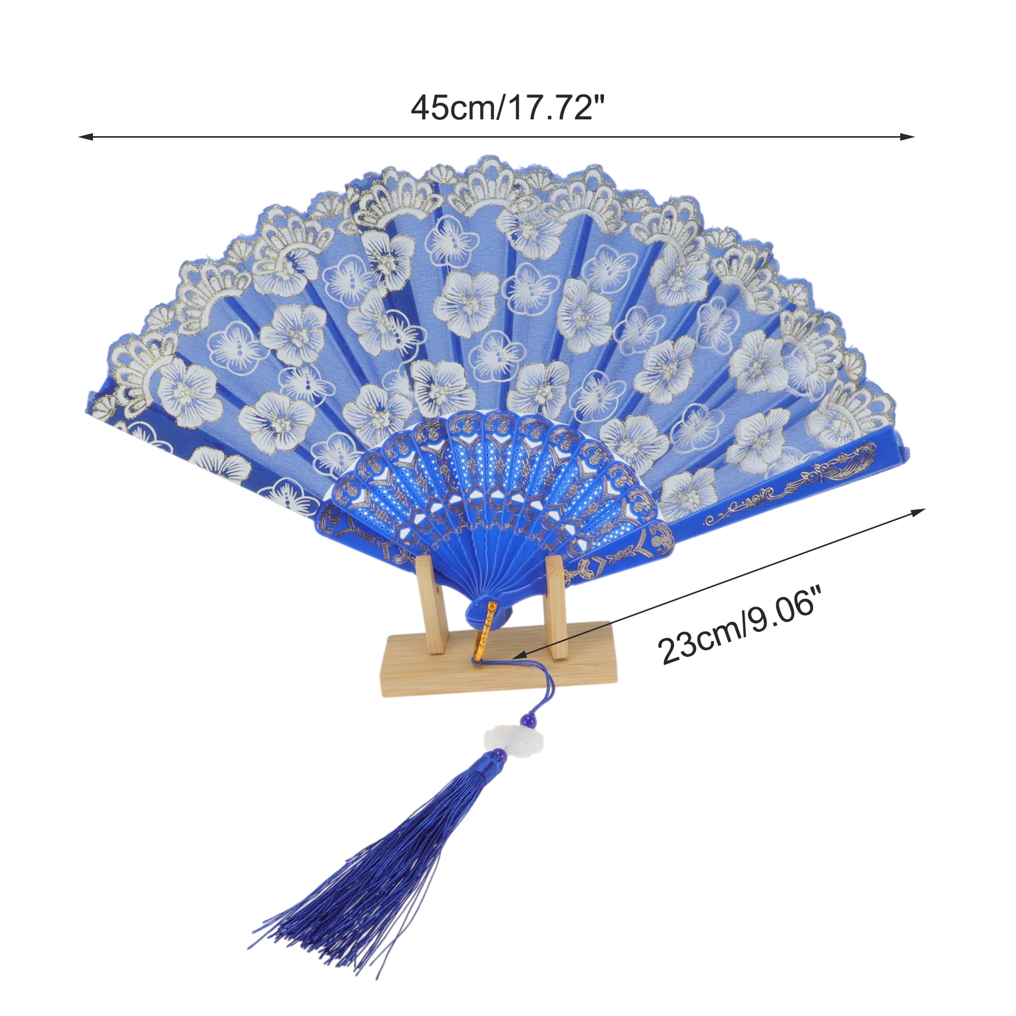 Unique Bargains Elegant Cherry Blossom With Tassel Folding Fan 1 Pc Blue