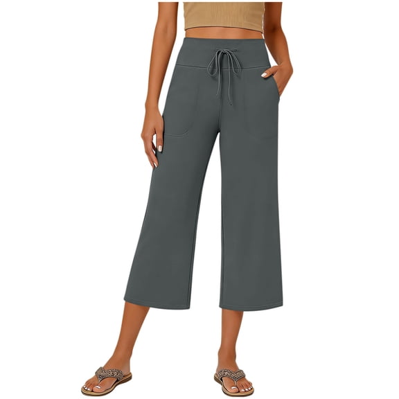 Women Solid Capri Pants Elastic Waist Casual Pockets Relaxed Fit Lightweight Breathable Summer Daily Trousers Gray XXL