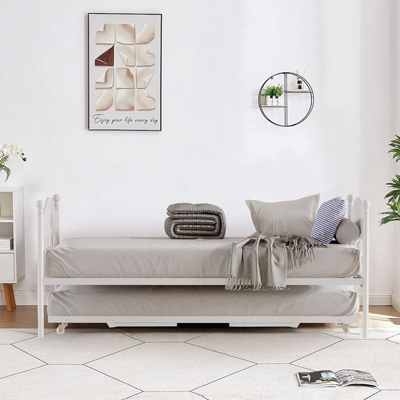 Twin Daybed with Trundle, Modern Sofa Bed Frame with Foldable Design, Heavy-Duty Metal Frame and Steel Slat Support, Space-Saving for Living Room, Bedroom and Guest Room, White
