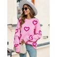 thumbnail image 5 of Womens Fall Sweaters Heart Print Long Sleeve Crew Neck Striped Pullover Loose Knitted Jumper 2025 Pink S, 5 of 9