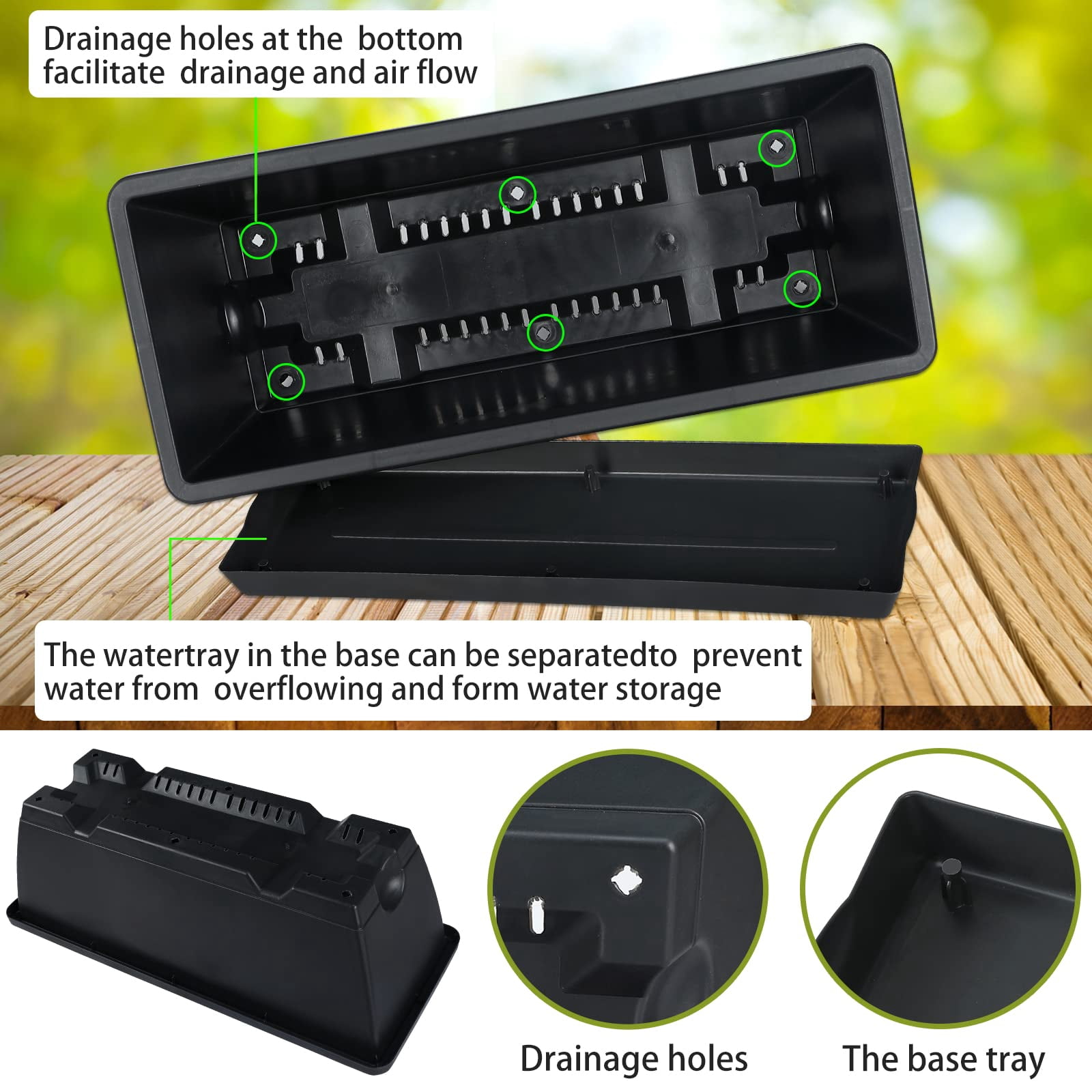 Window Box Planter Black L 16.6 x W 7 x H 5.9 inches Rectangular Plastic Pot with Saucer for Indoor Outdoor Garden