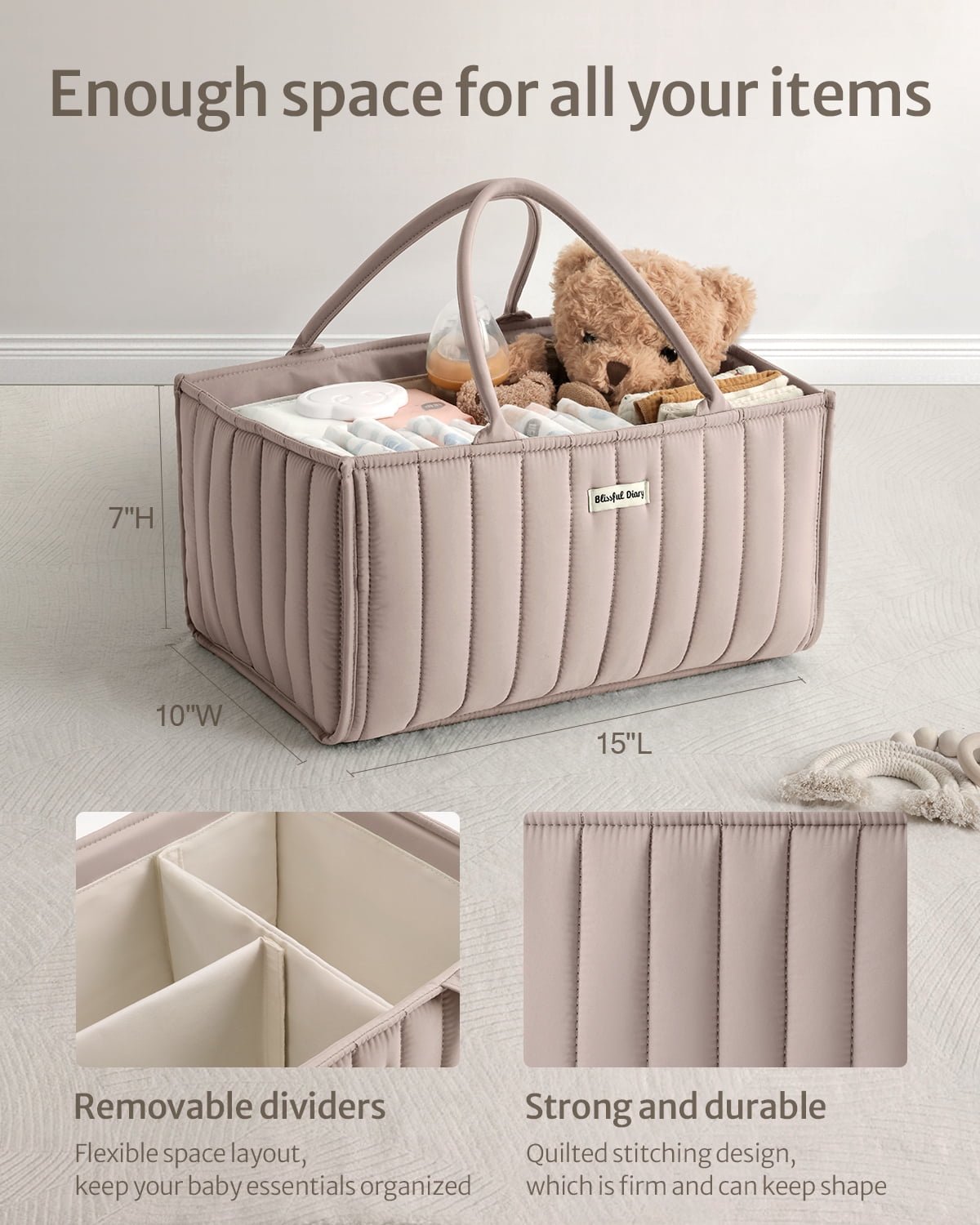 Blissful Diary Diaper Caddy Organizer,Baby Baskets for Baby Shower, Portable Nursery Changing Table Organizer, Diaper Bag, Infant Newborn Essentials Gift, Baby Registry Must Have, Greige