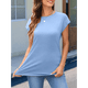 thumbnail image 4 of Camiseta de Verano para Mujer, Color Liso, Cuello Redondo, Corta, Azul , L, 4 of 6