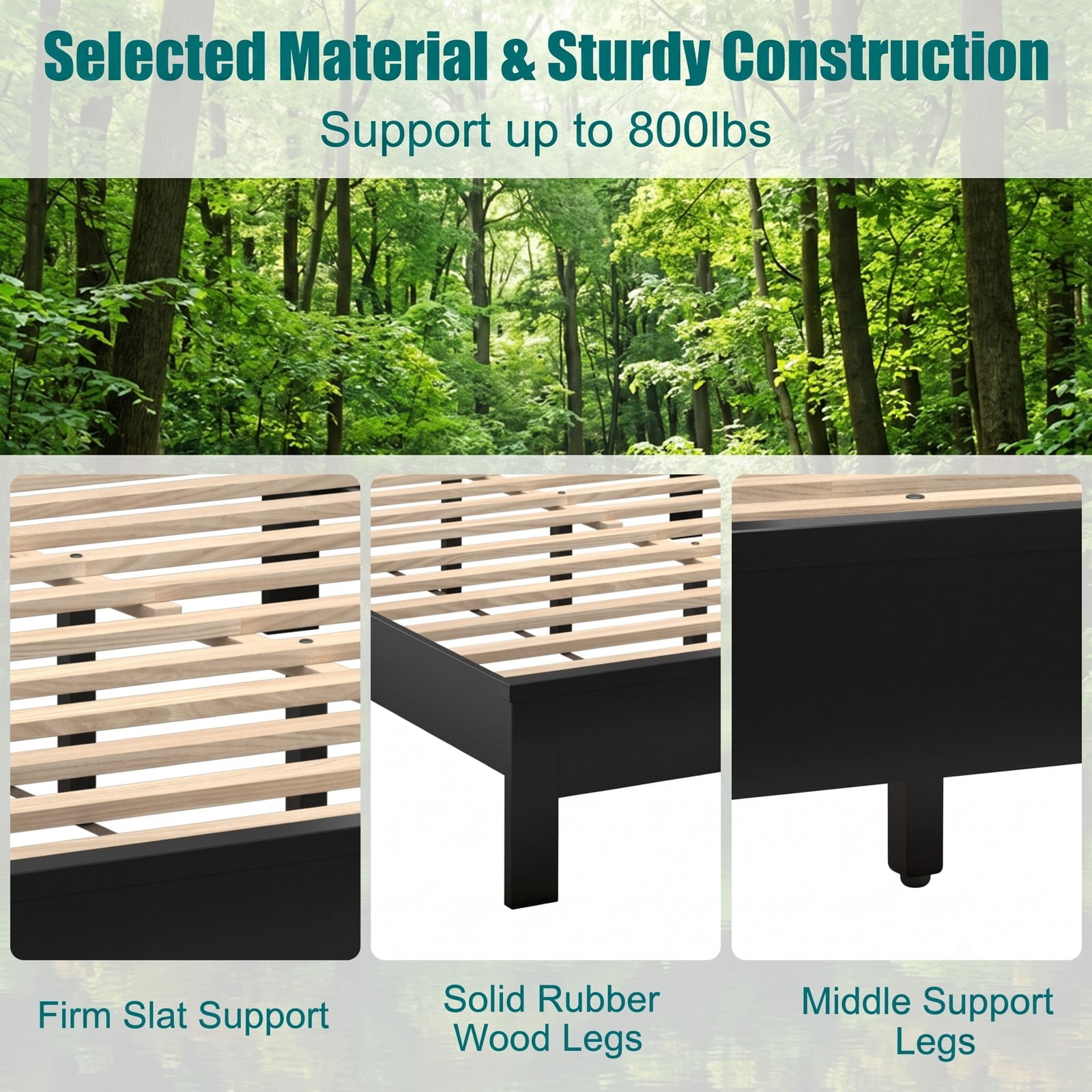 Furnibear Queen Size Bed Frame, Wood Platform Bed Frame with High Slatted Headboard and Rubber Wood Legs, Queen Bed Frame No Box Spring, Espresso