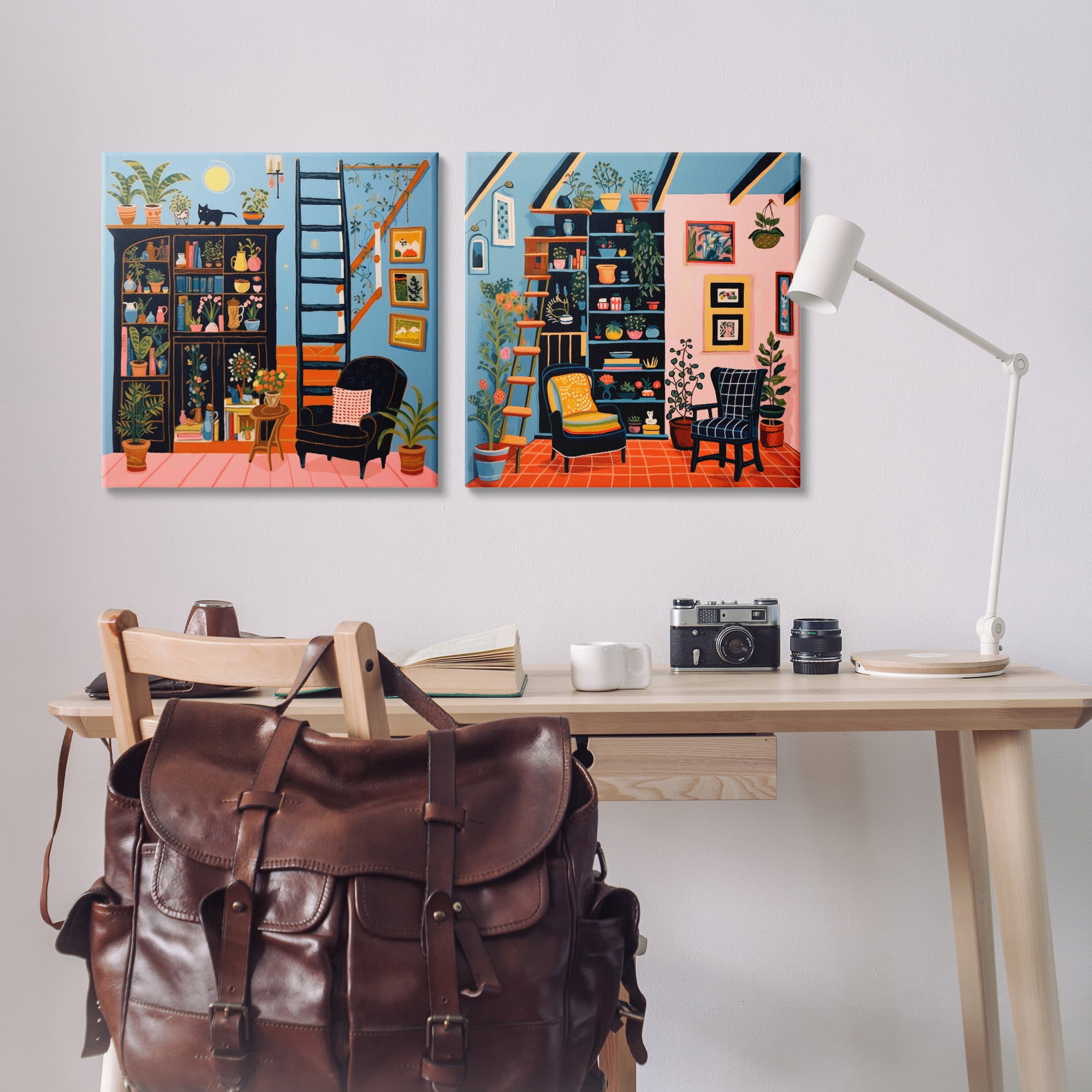 Stupell Industries Cozy Decorated Reading Nook Furniture Painting Wrapped Canvas Art Print Wall Art, 24 x 24, Set of 2