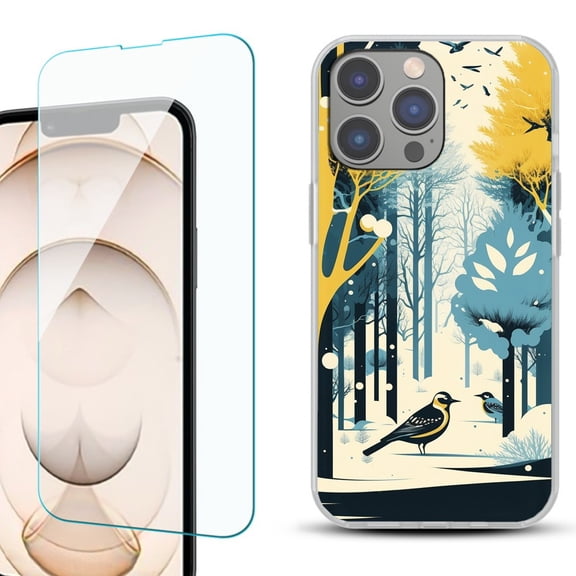 Slim-Fit TPU Phone Case for iPhone 14 Pro, with Tempered Glass Screen Protector, by OneToughShield ® - Winter Birds