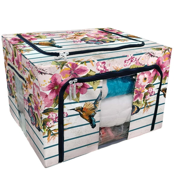 EREHome bird and floral on stripe Storage Bag Clear Window Storage Bins Boxes Large Capacity Foldable Stackable Organizer With Steel Metal Frame For Bedding,Clothes,Closets, Bedrooms