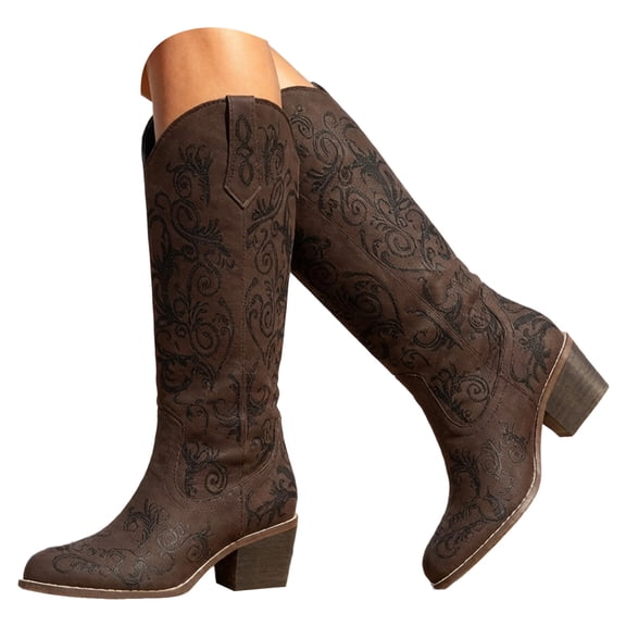 YLYL Women's Embroidered Knee High Boots Wide Calf Pull on Chunky Heel Fashion Western Cowboy Boots