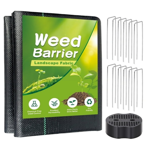 3ftx50ft Weed Barrier Landscape Fabric, Heavy Duty Gardening Ground Cover Mat, Weed Block Garden Cloth, Woven Garden Weed Fabric for Gardening, Farming with 12 U-Shaped Securing Pegs