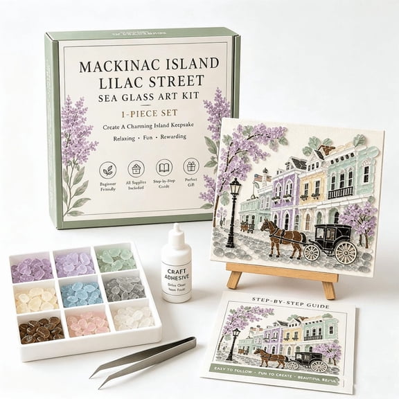 Timeless American Destinations Sea Glass Art Kit – DIY Mosaic Craft with Colorful Glass Stones, Coastal Wall Art Project for Adults Beginners, Handmade Home Decor Gift