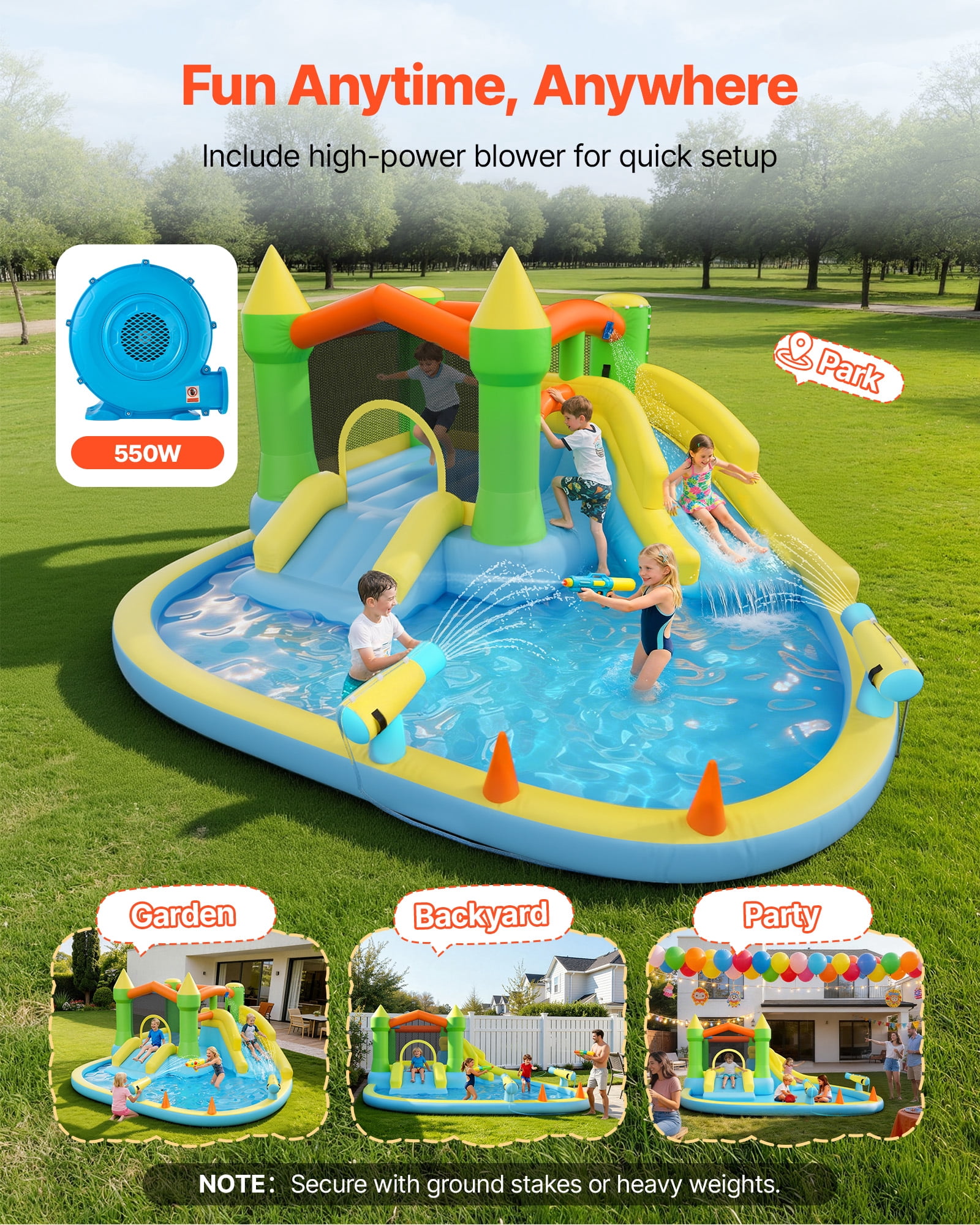 VEVOR Inflatable Bounce House, 12.5 x 13.1 x 6.5 ft Inflatable Bounce House Water Slide, Bouncer Castle with Castle Bounces, Basketball Hoop, Splash Pool & Water Ring Toss,for 3 to 4 Kids Ages 3 to 8
