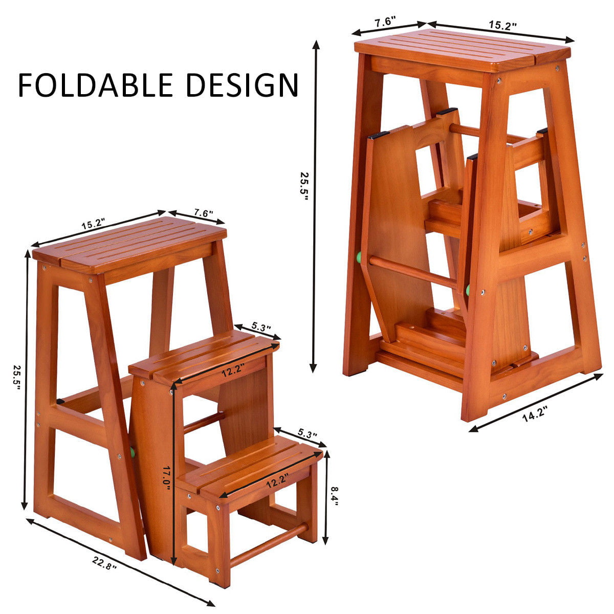 Wood Step Stool Folding 3 Tier Ladder Chair Bench Seat Utility Multi