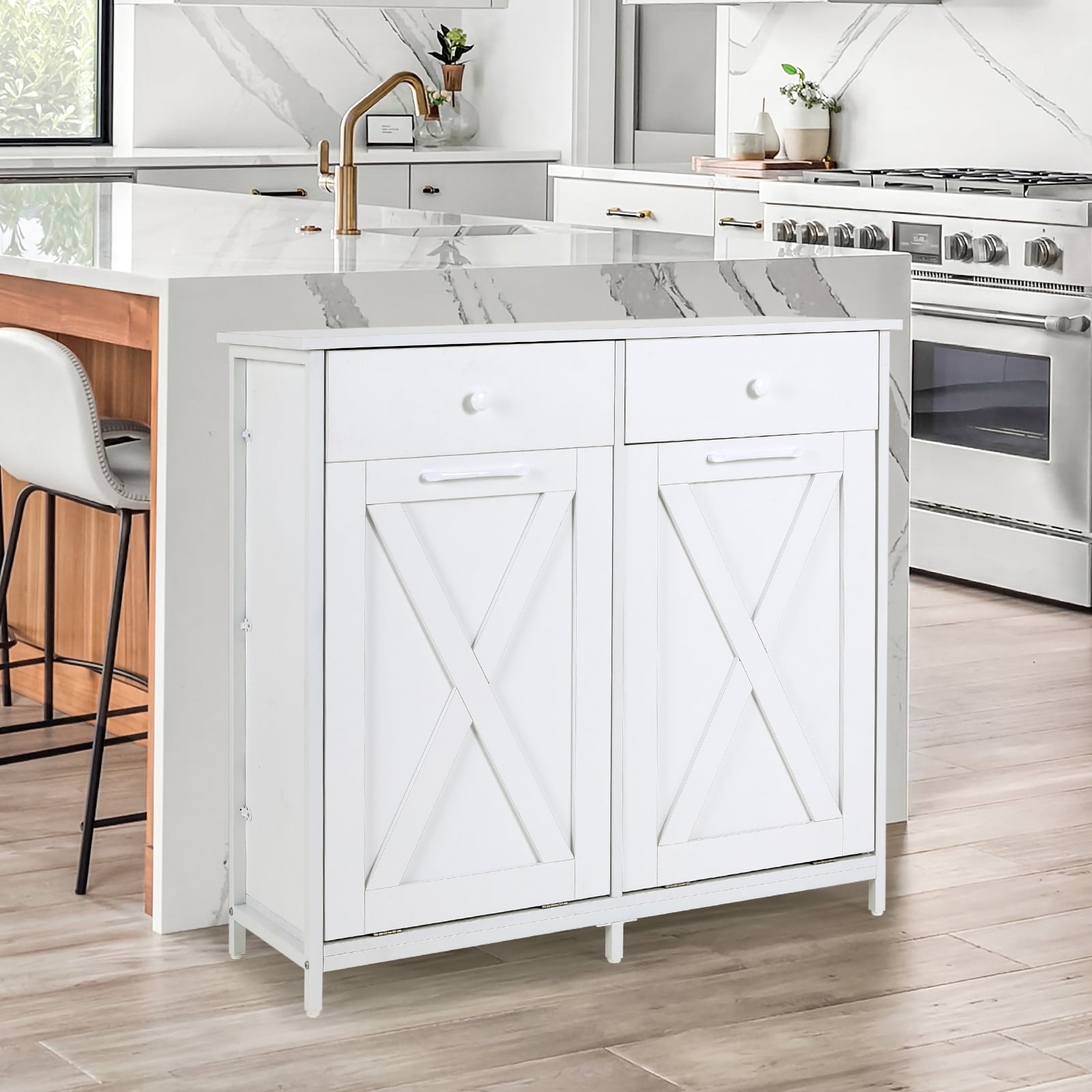 LAZY BUDDY Double Tilt-out Trash Cabinet Free Standing Kitchen Garbage Bin Recycling Cabinet Wooden Hideaway Trash Cans Holder (2x 10 Gallon)- White