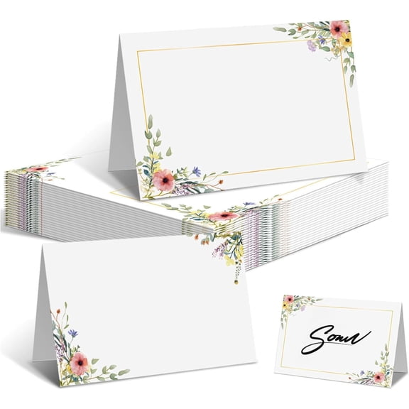 Name Place Cards for Table Setting – 50 Pack Wedding Name Cards with Elegant Flower Design – Blank Tent Place Card for Wedding Birthday Christmas Party – Seating Placement Tags Decorations