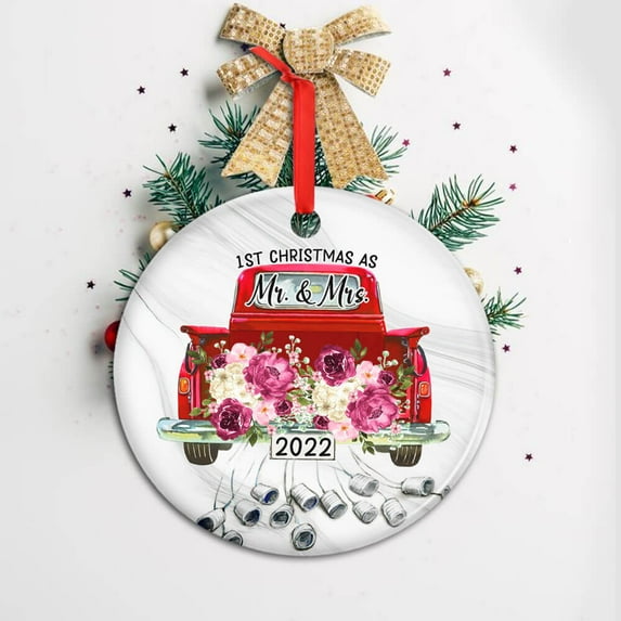 Our First Christmas Married Ornament 2022 - Christmas Tree Decorations - Couple Gifts for Christmas, Anniversary, Wedding Gifts for Couple - Christmas Decorations Red Truck Ceramic Ornament Hangers
