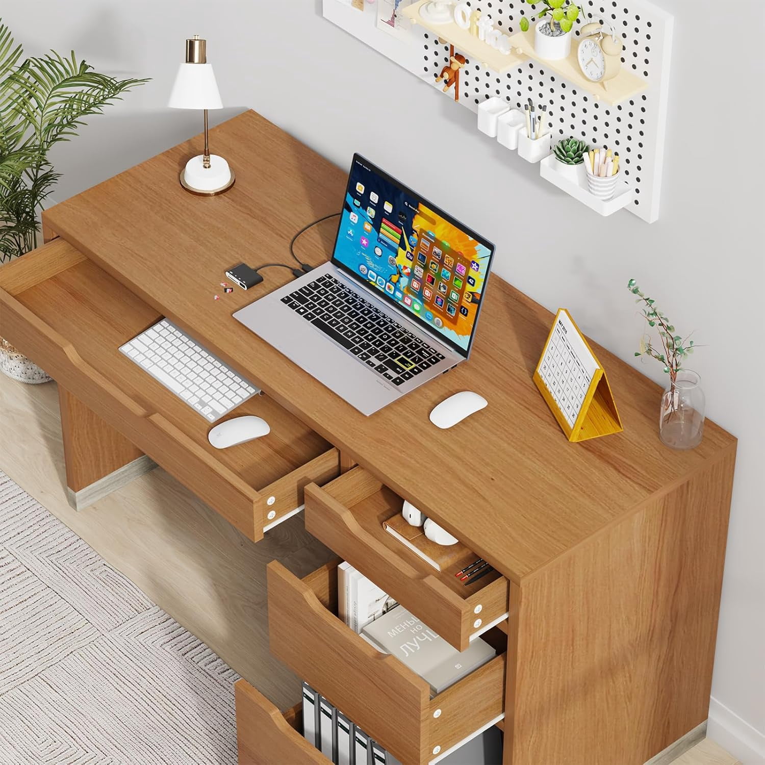 DreamCurship 52 Inch Computer Desk with 4 Storage Drawers,Home Office Desk with Storage for Small Space，Writing Desk with File Cabinet, Brown