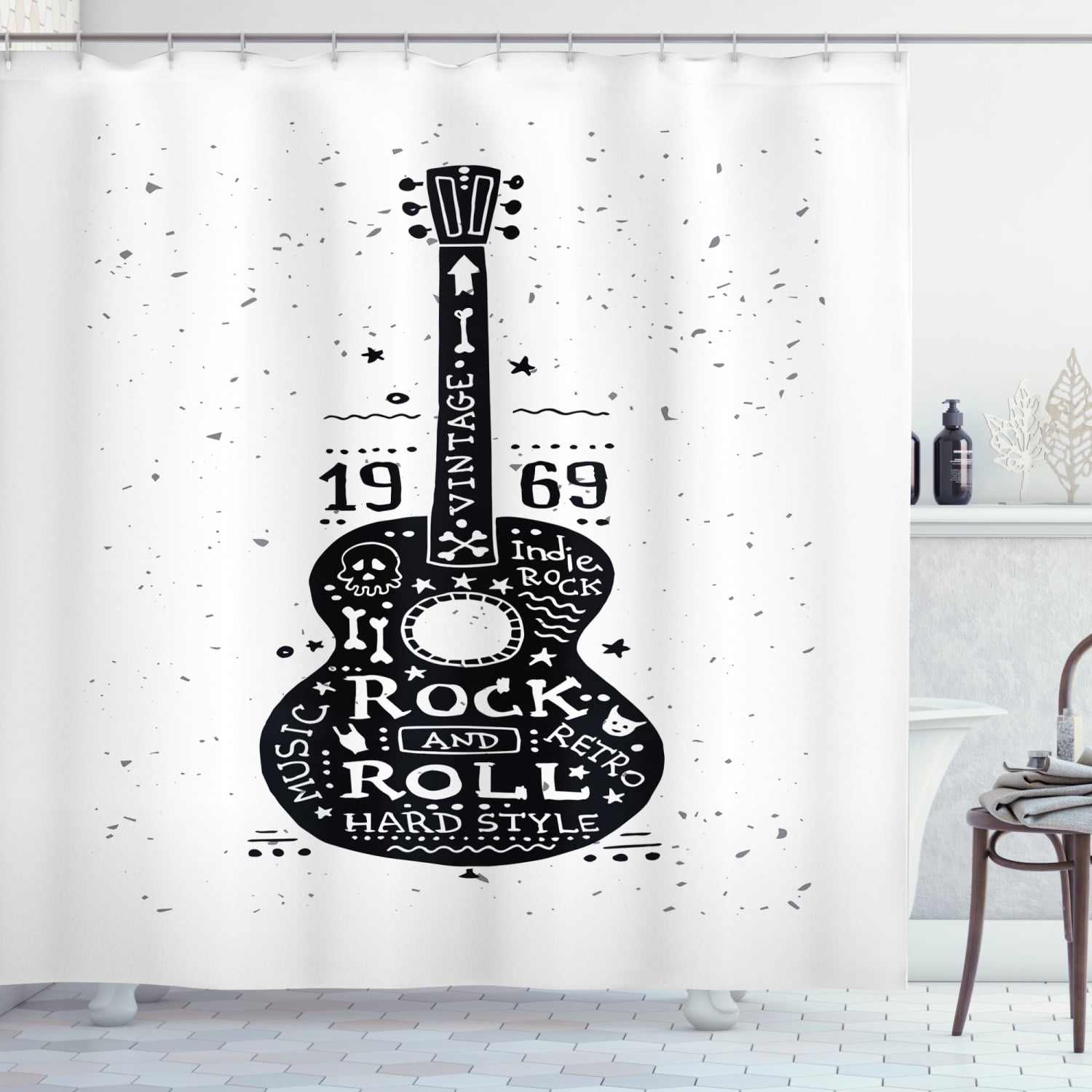 Guitar Shower Curtain, Hand Drawn Style Instrument with Grunge Look and