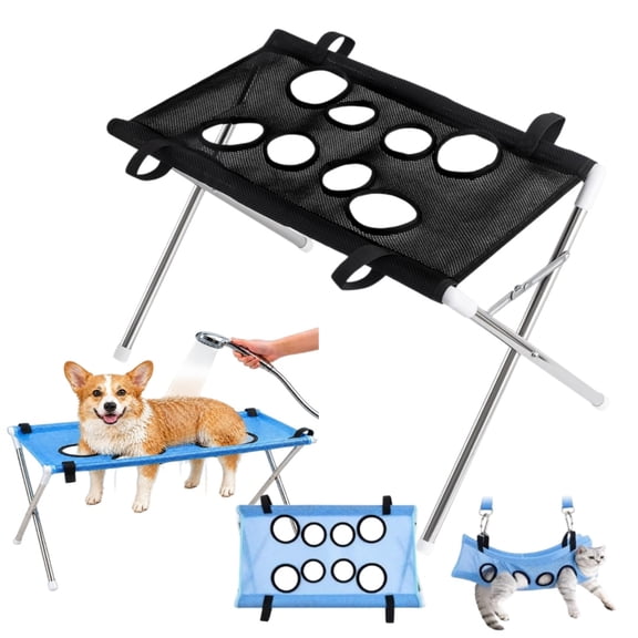 Dog Grooming Hammock Stand, Foldable Dog Bath Holder Sling Shower Chair | Heavy-Duty Pet Bath Stool for Small & Medium Dogs, Home Salon Grooming, Washable Mesh, Joint Support & Restraint