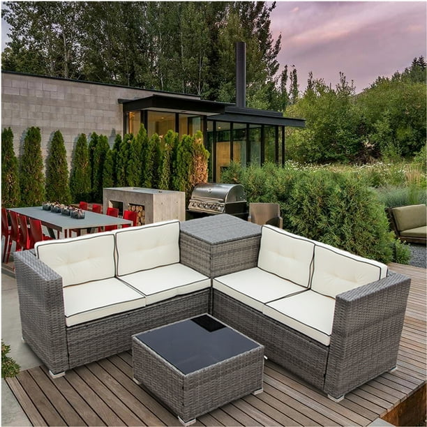 Patio Conversation Set 4 Piece Brown Wicker Furniture With Storage Ottoman All Weather Sectional Sofa Cushions And Table For Backyard Porch Garden Poolside L4525 Com - Patio Conversation Sets With Storage Patio Conversation Set 4 Piece Brown Wicker Furniture With Storage Ottoman All Weather Sectional Sofa Cushions And Table For Backyard Porch Garden Poolside L4525 Com - Patio Conversation Sets With Storage