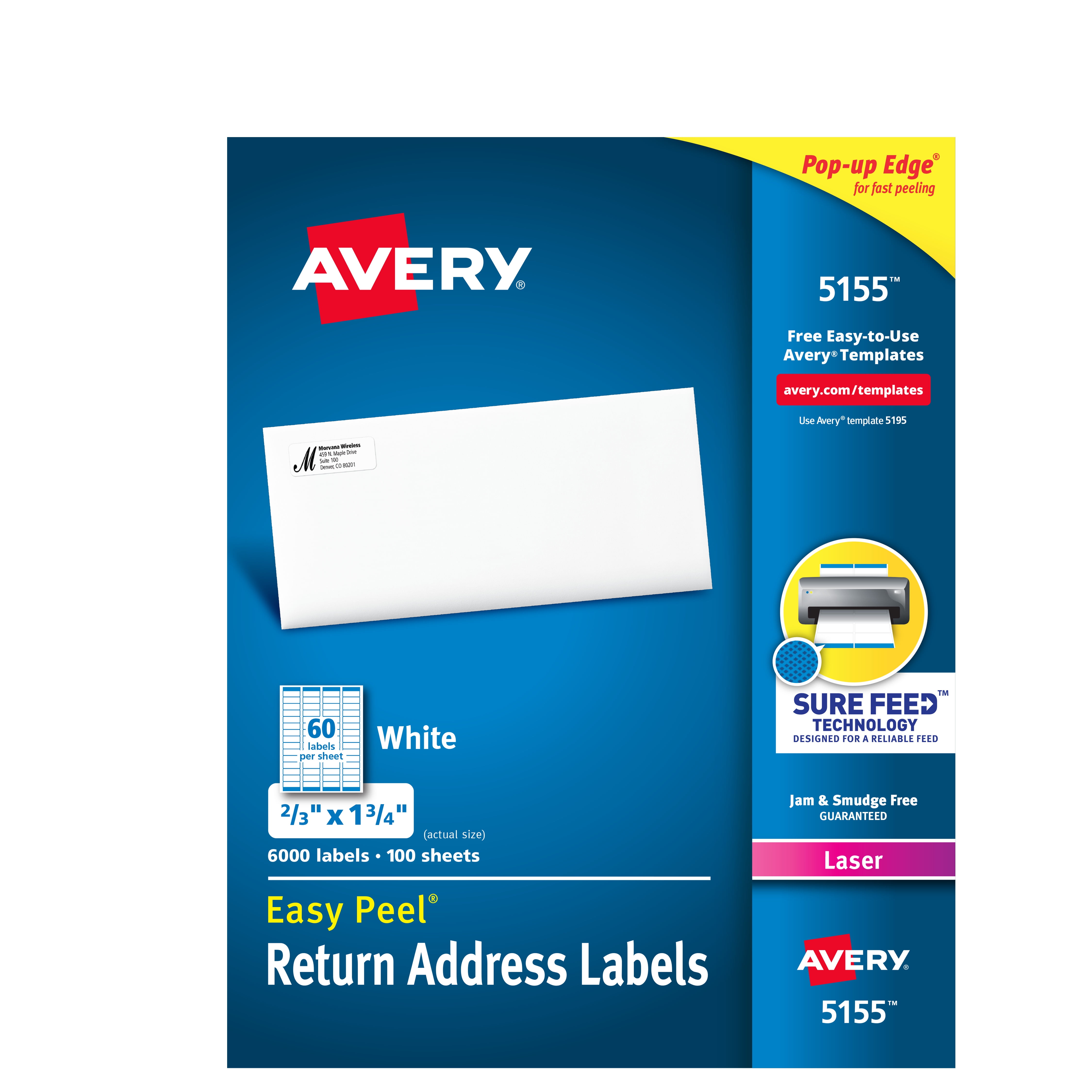 2/3 x 1-3/4 Return Address Labels with Sure Feed for Laser Printers 1 White Permanent Adhesive 6,000 Labels