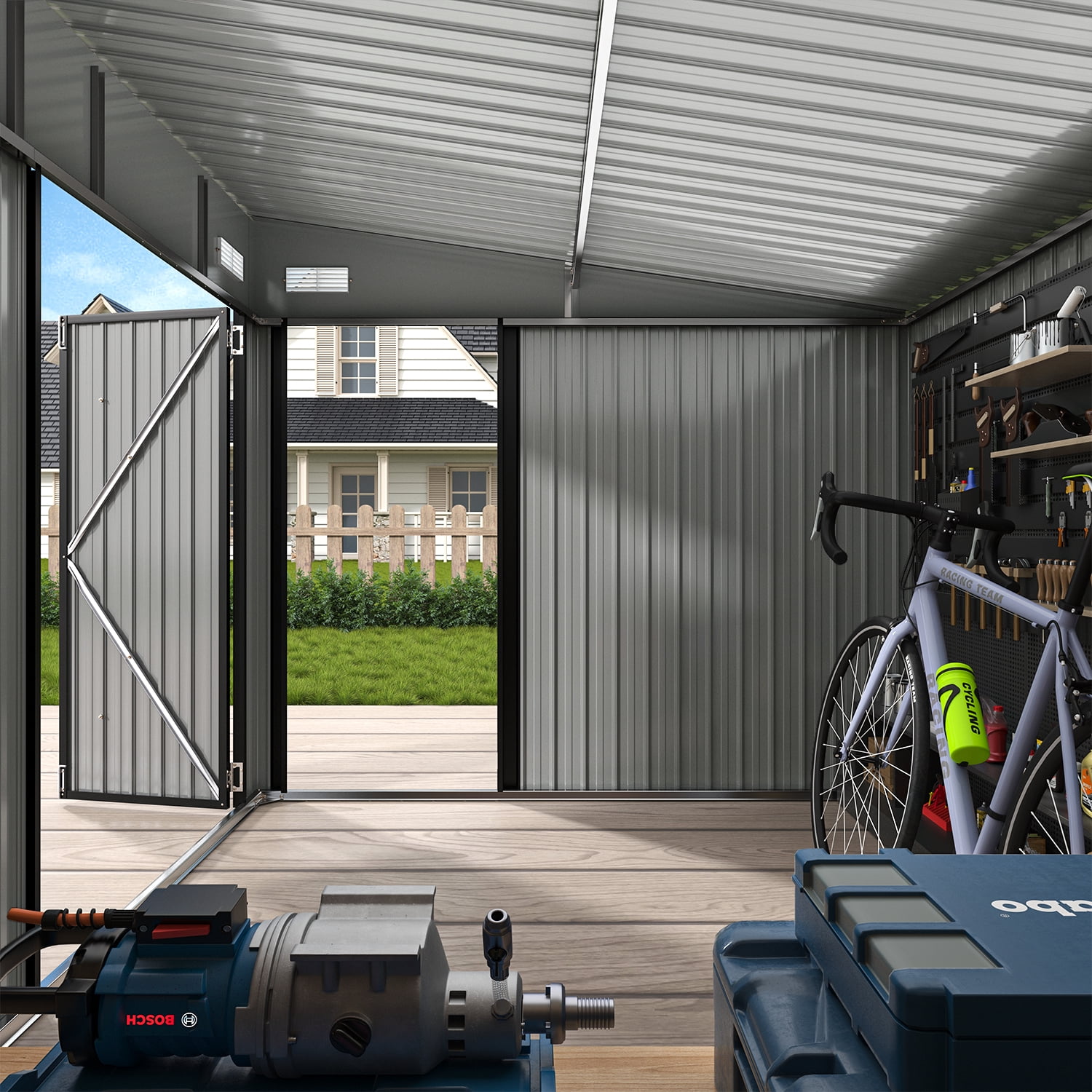 BaPiPro 10'x8' Lean-to Metal Storage Shed, Outdoor Lockable Shed with Triple Doors & Vents for Garden, Backyard, Patio - Black