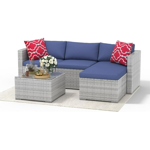5-Piece Rattan Outdoor Patio Furniture Set – Sectional Sofa with Anti-Slip Cushions, Glass Coffee Table, and Ottoman for Garden, Balcony, and Porch, Gray&Blue