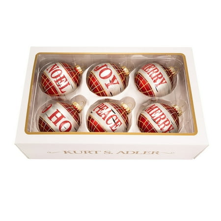 Kurt Adler 80MM Glass Black And Red Plaid Ball Ornaments With Sayings