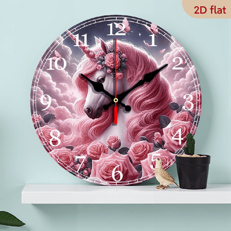 2D Flat 1pc 10Inch Silent wall mounted clock decoration wall clock, unicorn, pink, roses, clouds, stars, butterflies wooden circular Wall Clocks, wooden circular decorative unique clock with digital
