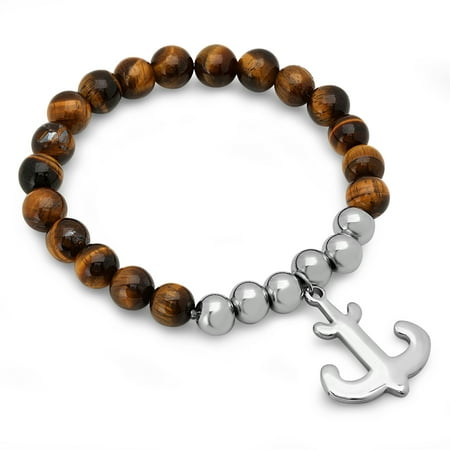 Hmy Jewerly Tiger Eye And Steel Anchor Bracelet
