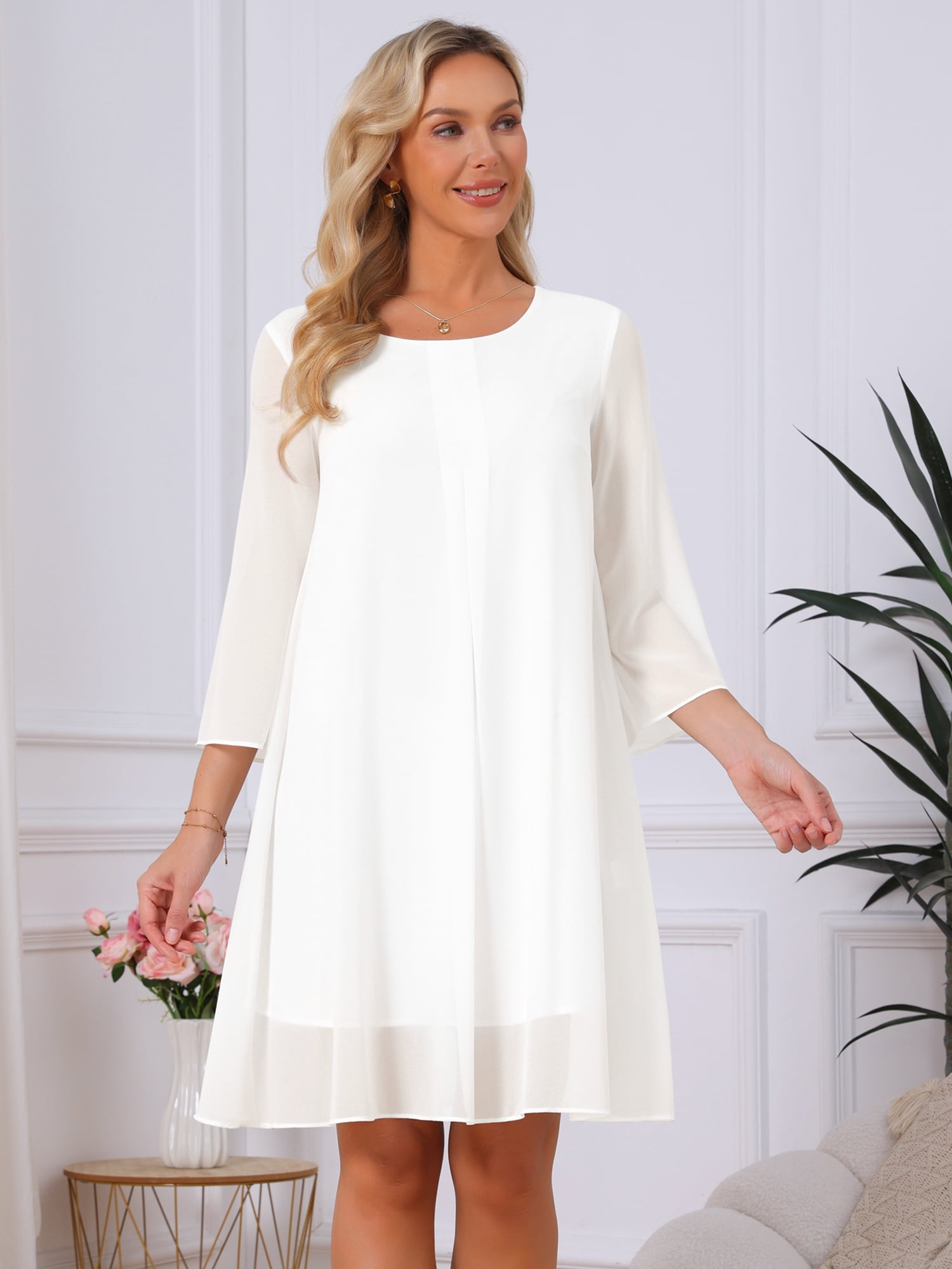 DARING DIVA Women's Chiffon 3/4 Sleeve Flowy Wedding Guest Dress L White