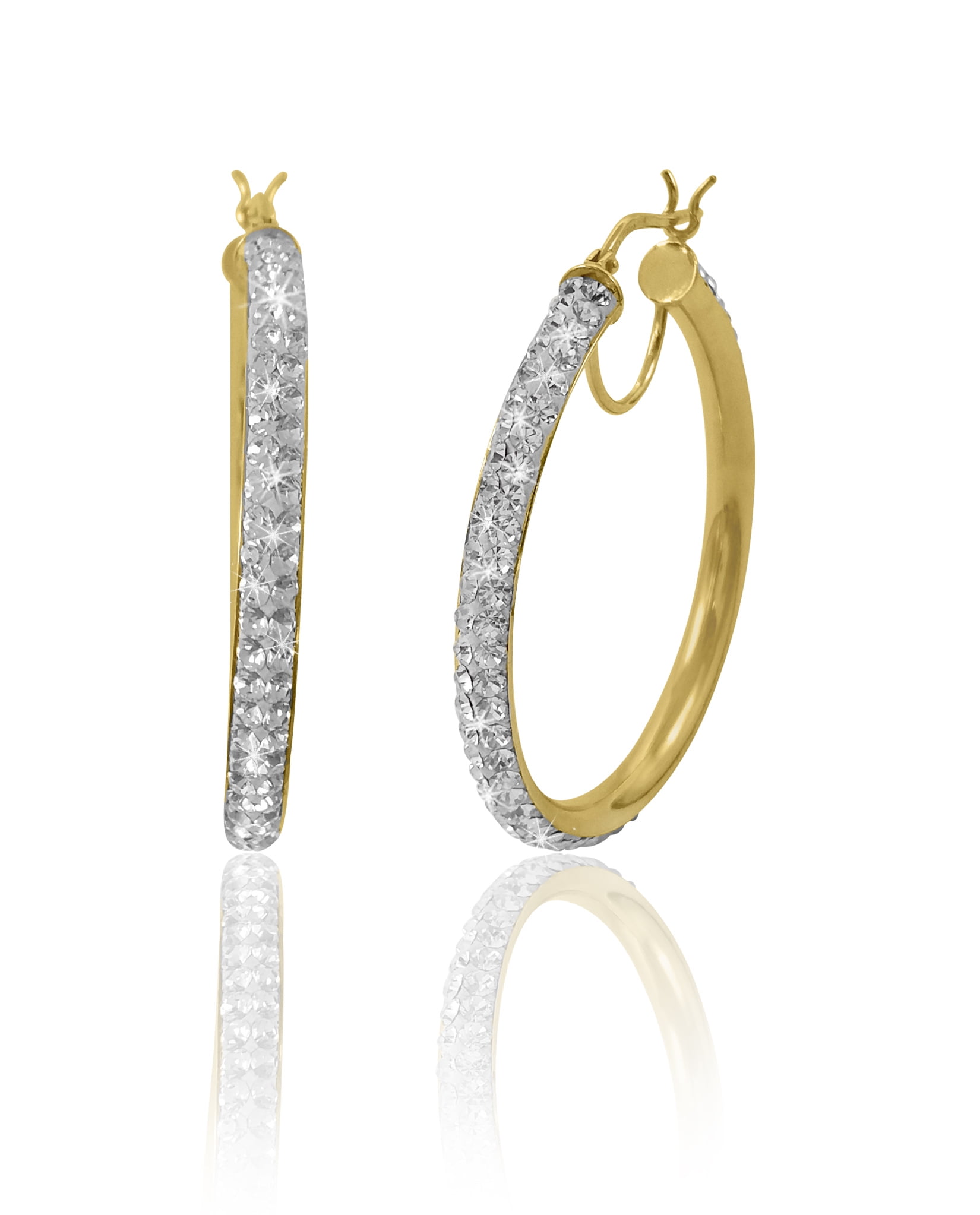 Brilliance Fine Jewelry Women's 14K Gold Plated Sterling Silver 2 Row Crystal Round Hoop Adults Earring