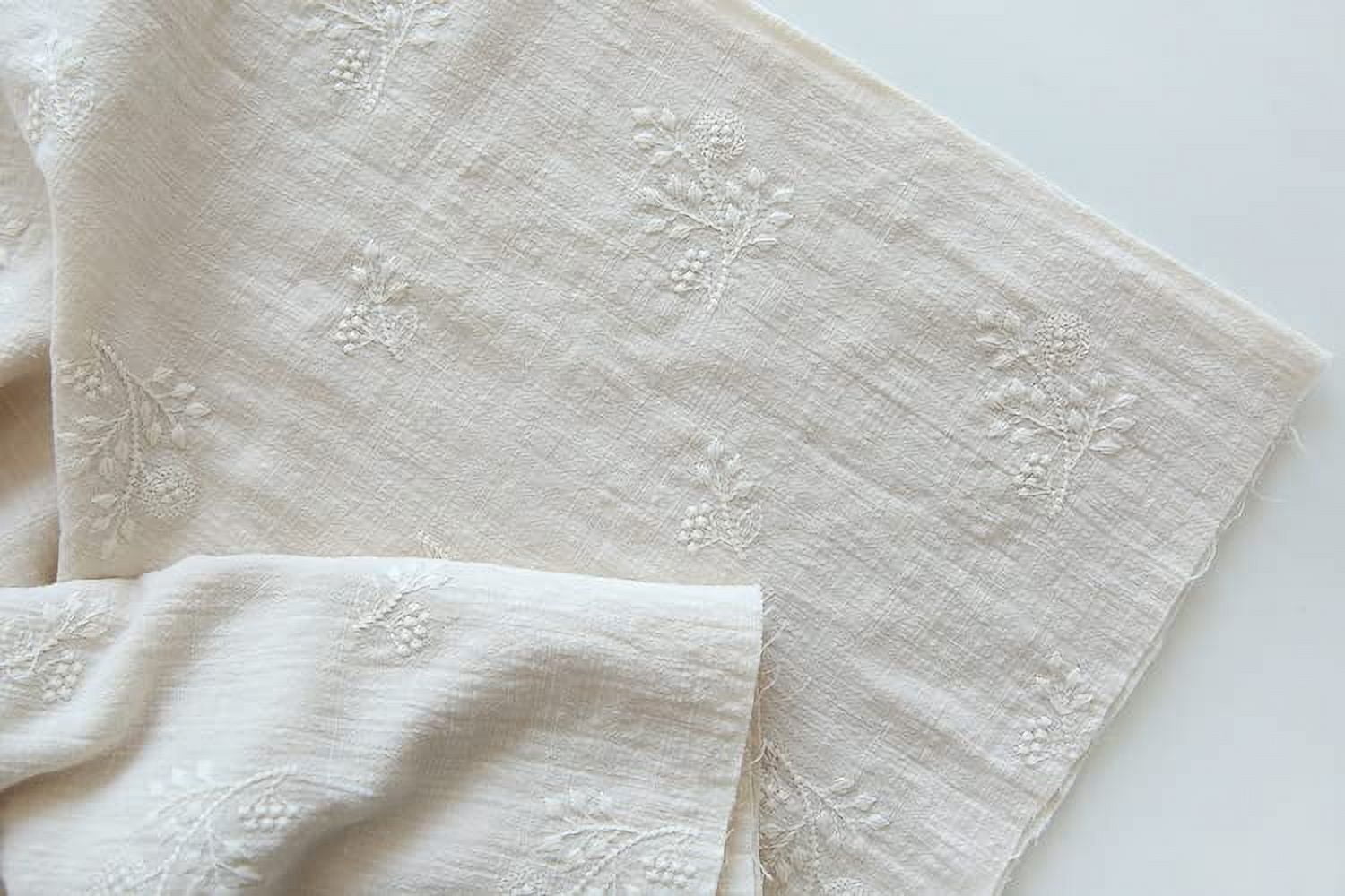 CraftDesignL Floral Cotton Embroidered Fabric - Japanese, Quilting, Designer Fabric by Yard - Linen Cotton (Beige)