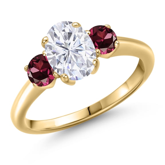 Gem Stone King 10K Yellow Gold White Moissanite and Red Rhodolite Garnet Engagement Ring for Women | 2.24 Cttw | Oval 8X6MM | Gemstone Birthstone | Size 9