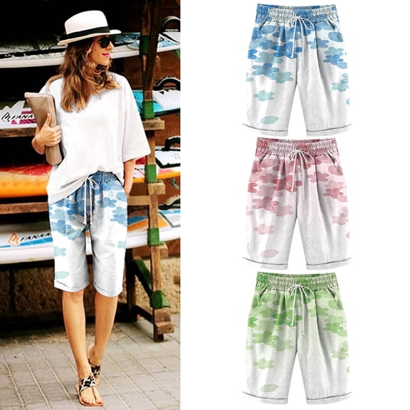 Trendfront Women's Lightweight Graphic Printed Bermuda Shorts Plus Size High Waisted with Pockets Casual Lounge Bottoms