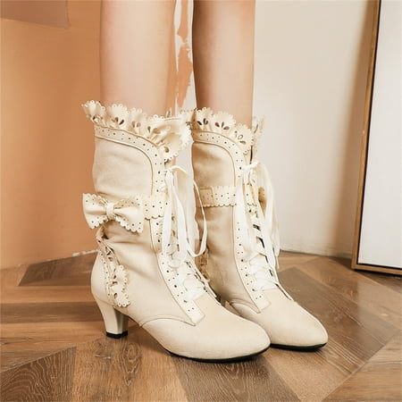 

Christmas Womens Shoes Plus Size Lace Bow High Thick Heel Front Lace Up Plus Size Womens Short Boots