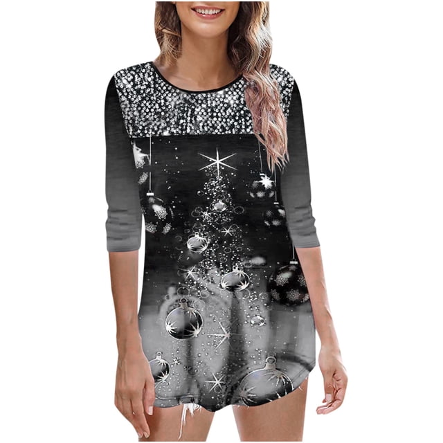 Pompotops T-Shirt Décontracté à Manches Longues pour Femmes, Col Rond, Imprimé de Noël, Blouse Pull