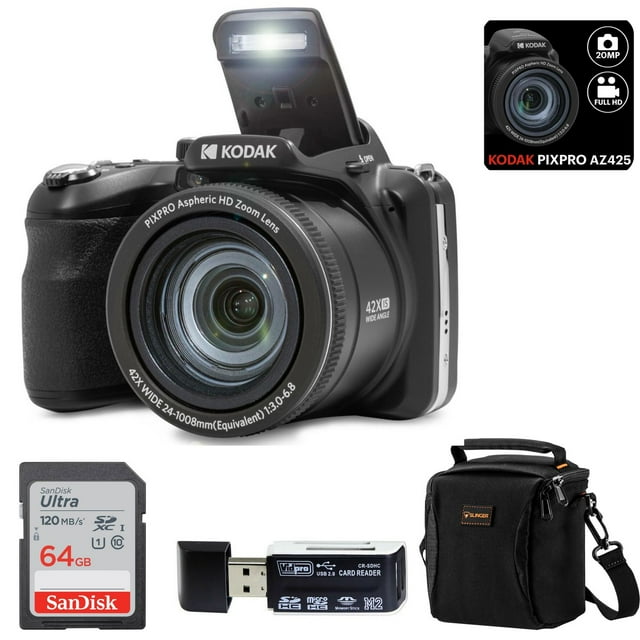 Kodak PIXPRO AZ425 Astro Zoom 20MP Full HD Digital Camera (BLACK) Bundled with SanDisk 64GB Memory Card and Camera Bag. Get a Free SD Card Reader and Custom Cleaning Cloth.