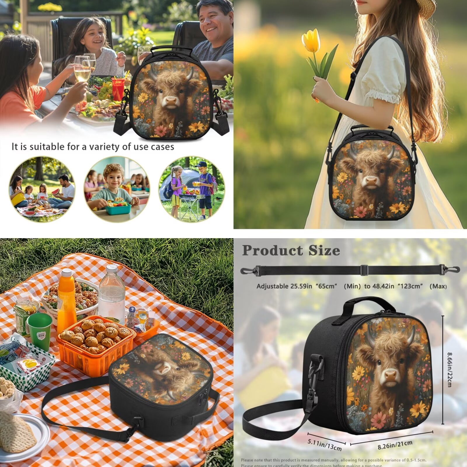 Pzuqiu Highland Cow Floral Backpack for Girls 5 Piece School Bookbag with Lunch Bag Lightweight School Bag for Girls 10-12 Elementary Backpack with Water Bottle Bag Pencil Box