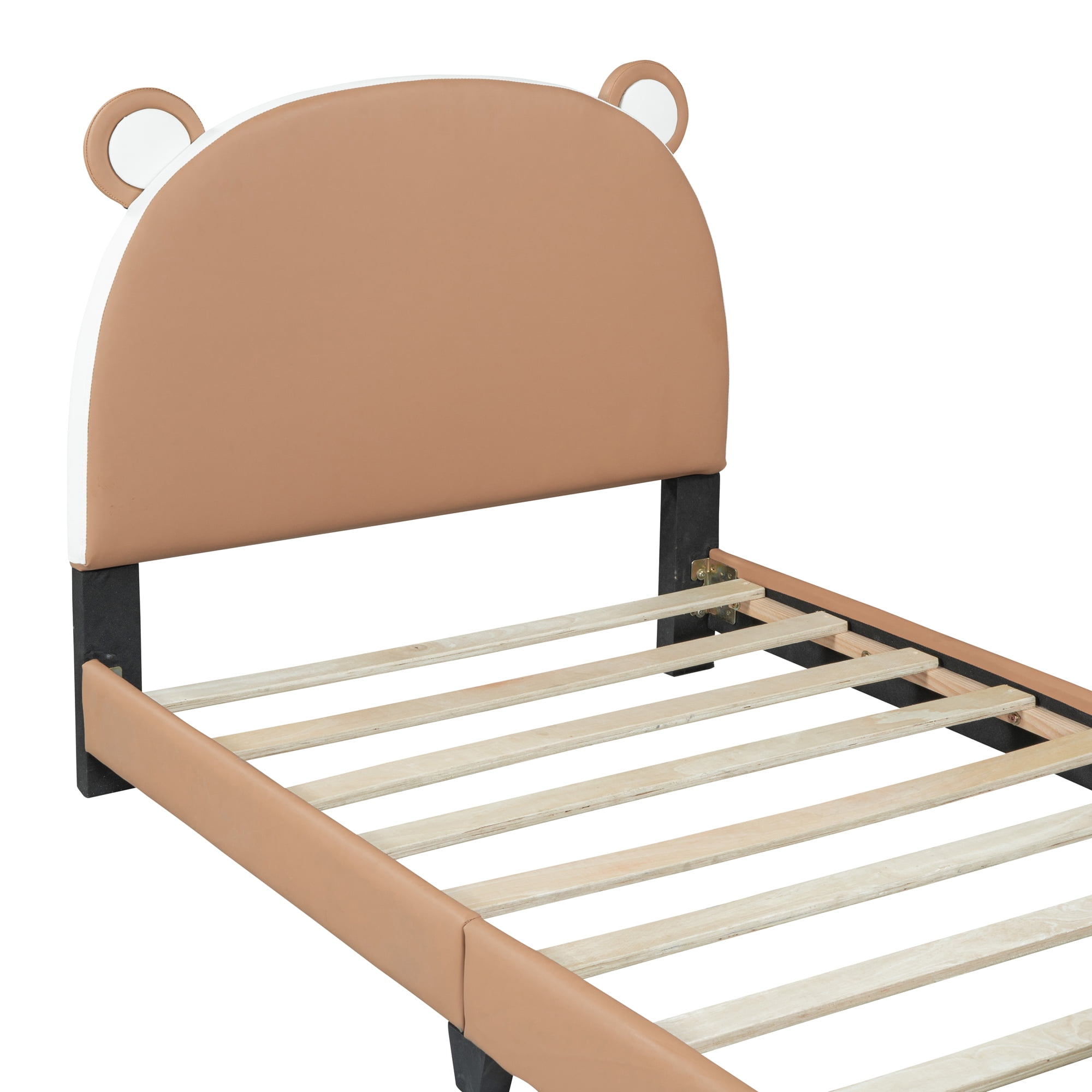 Aukfa Cartoon Animal Kids Twin PU Leather Standard Beds, Brown