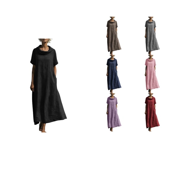 Antinious Ladies Summer Short Sleeve High Neck Loose Breathable Casual Long Dress