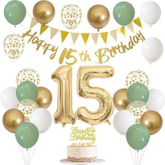 Sage Green Gold White 15th Birthday Party Decorations Latex Balloons Gold Happy 15th Banner 15 Cake Topper Foil Number 15 Balloons for Fifteen Year Old Birthday 15th Anniversary Party Supplies