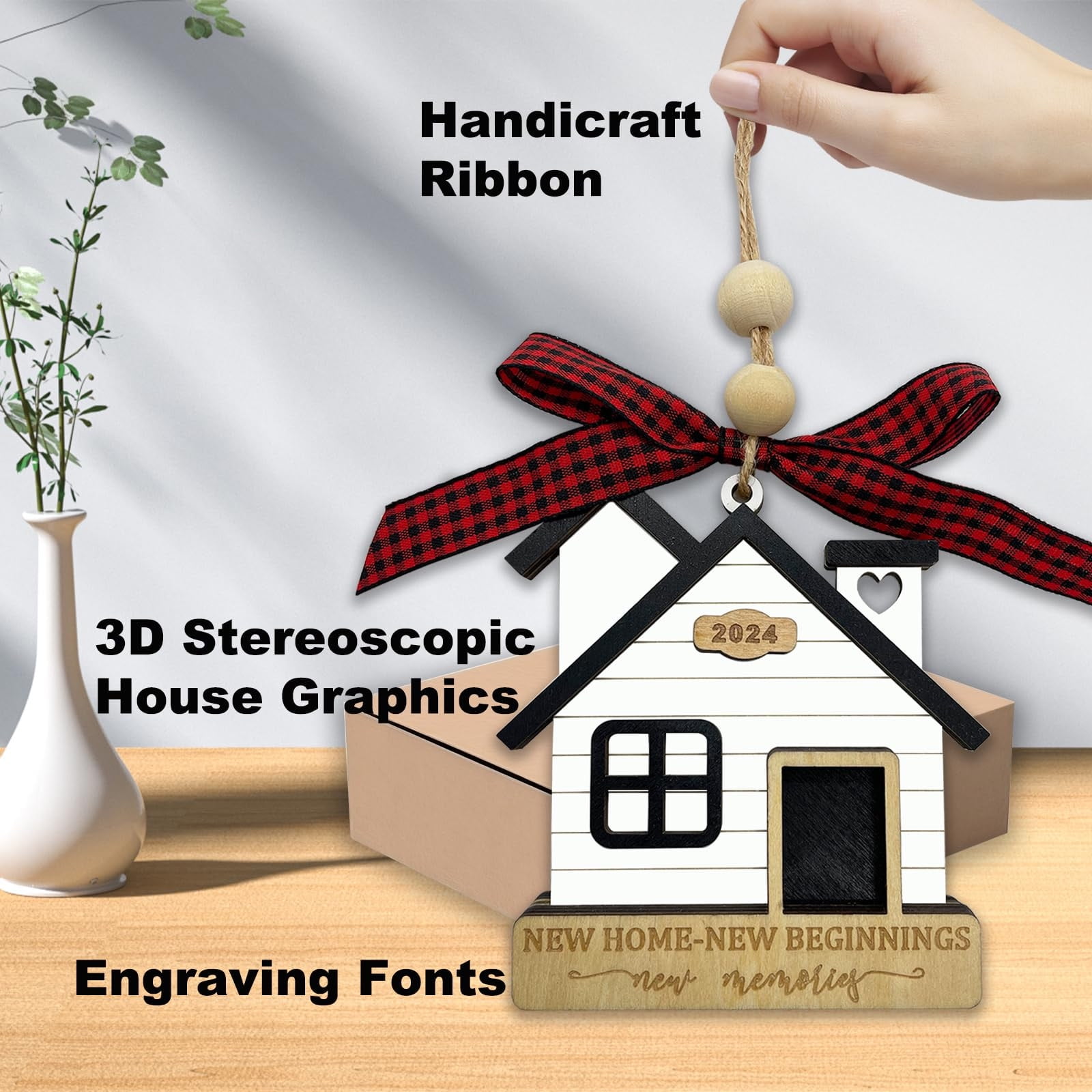 Infidev 2024 House Inauguration Gift, Wooden Christmas Ornament with Gift Box, Double-Sided Design, 3.94 Hanging Decoration for First Christmas in New Home