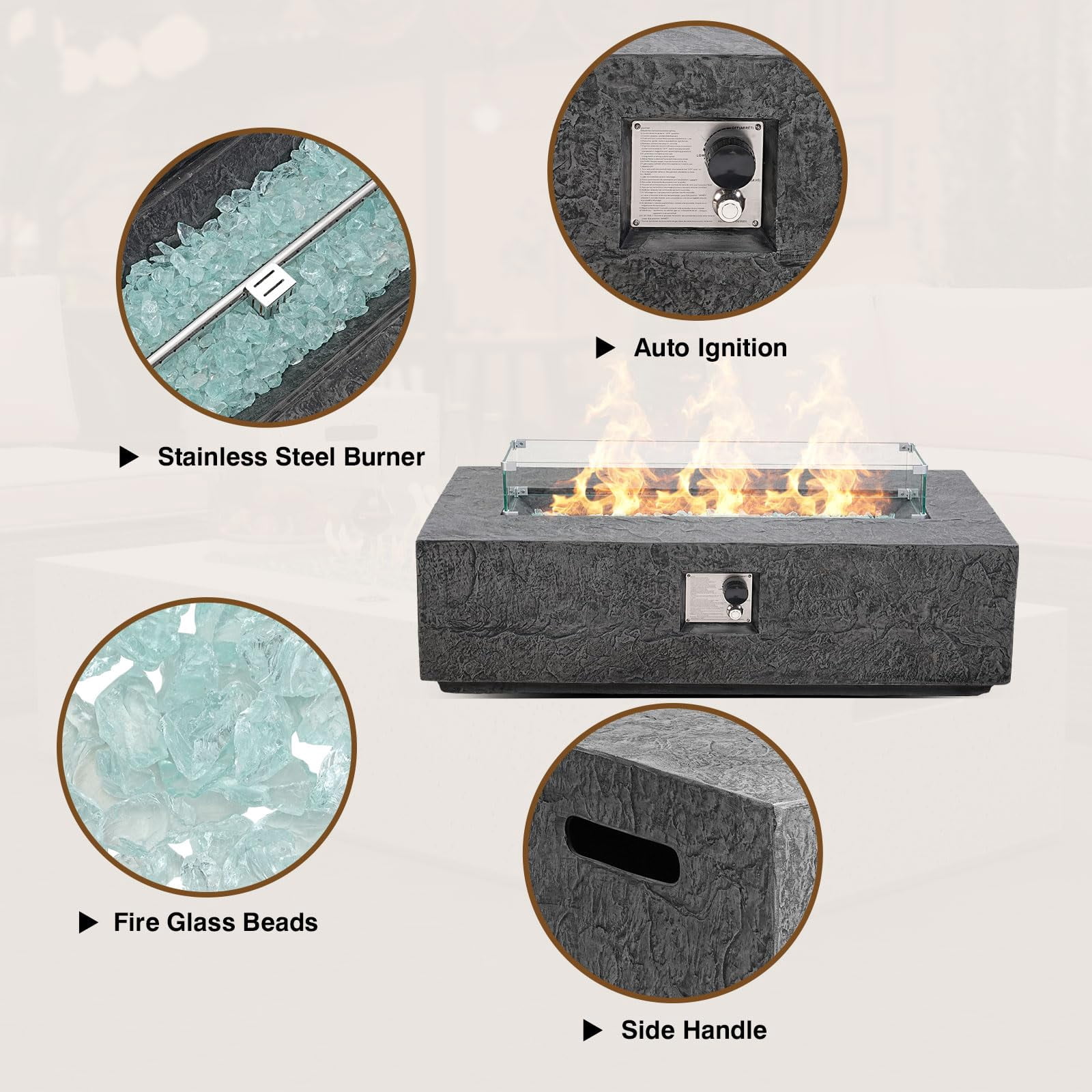 48" 3 Piece Fire Pit Set Rectangle Propane Fire Pit Table with Tank Table and Glass Wind Guard