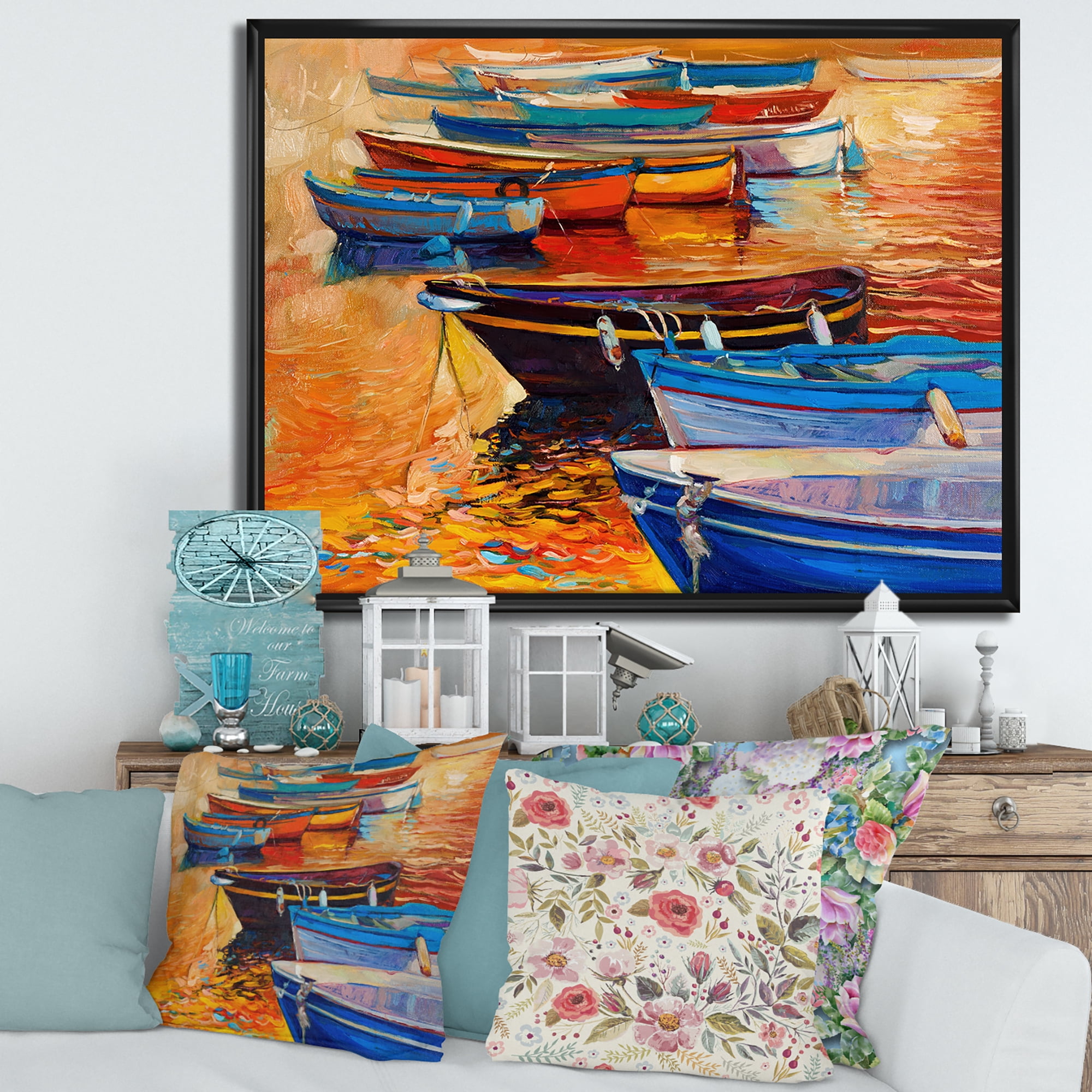 Designart 'Boats During Warm Colourd Sunset In The Harbor I' Nautical & Coastal Framed Canvas Wall Art Print